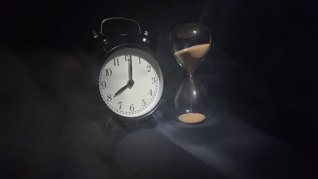 Slow motion vintage alarm showing 8 o'clock and hourglass with falling sand in dramatic smoke on black background. Concept of morning, new day and work time.