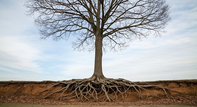 Tree with bare roots exposed and blue sky