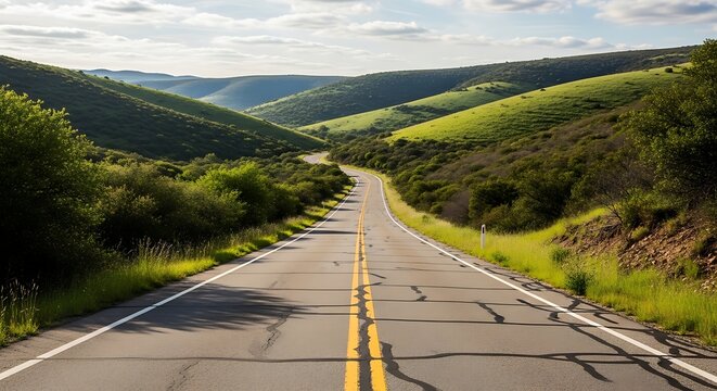 Winding road through rolling green hills