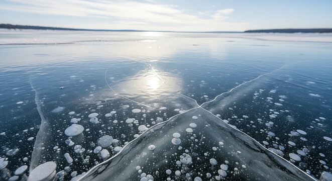 Frozen lake surface with methane bubbles and ice cracks