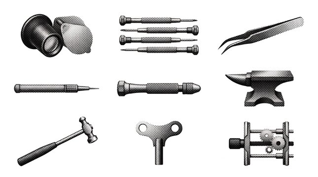 Precision watchmaker tools collection with tweezers screwdrivers hammer and anvil for mechanical repair.