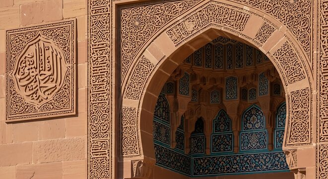 Elaborate stone archway with arabic inscriptions in mosque