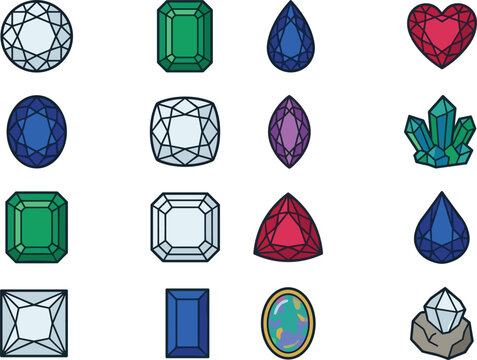 Gemstones and precious diamonds jewelry vector icon set