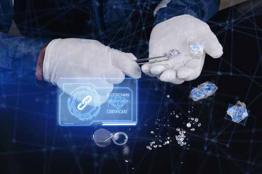 Gloved hands holding diamonds and blockchain certificate hologram for secure gemstone authentication and verification background for shop