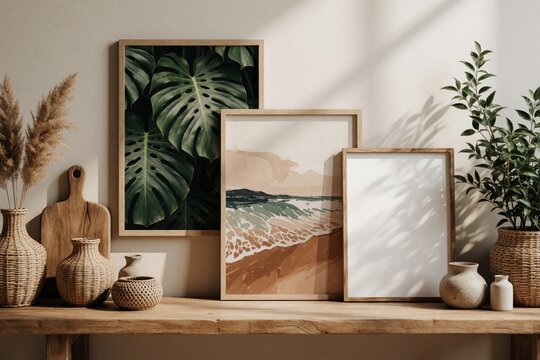 Minimalist interior mockup with blank wooden frames on wooden shelf. Natural decor includes dried pampas grass, ceramic vases, green plant. Neutral earthy tones with sunlight shadows create cozy home