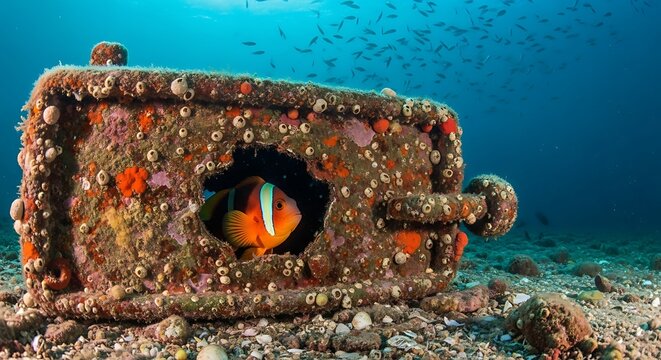 Clownfish swimming out of rusted container underwater