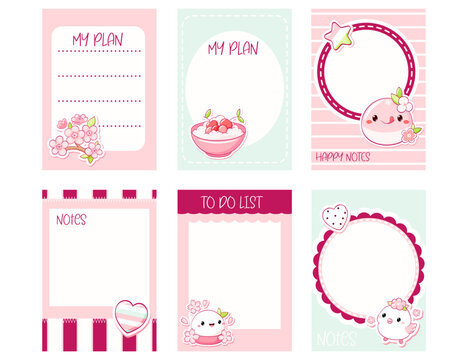 Kawaii sakura season planner, notepad template. Spring time cute vector set of daily agendas, to-do list, checklist, notes, sticker. Perfect for stationery design, bullet journal, printable organizer
