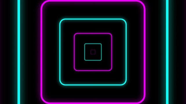 Neon square tunnel zoom effect with glowing purple and cyan lights for motion video.