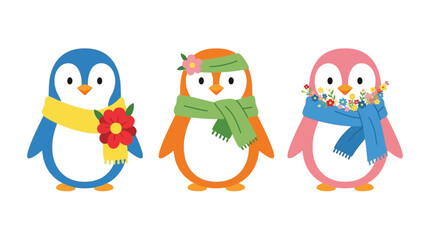 Fototapeta premium Three cartoon penguins with scarves and flowers colorful vector illustration