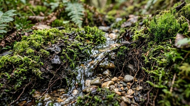 Close up of a peaceful small stream flowing through vibrant green moss and wet rocks in a deep forest scene.