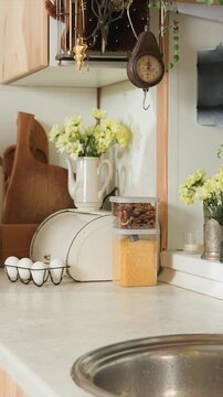 Hand places white jug on stainless steel sink. Eggs sit inside wire holder next to transparent food containers. Decorative plants greenery arranged behind counter shelves