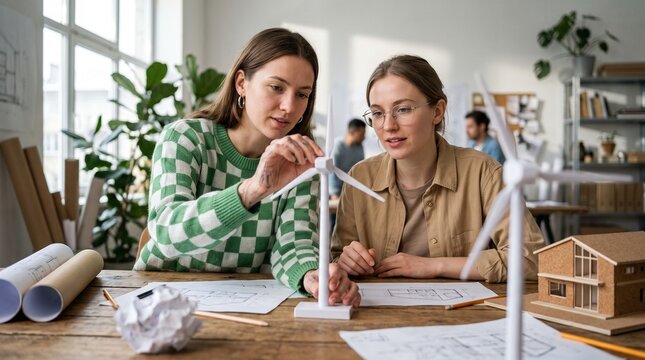 Female Architects Discussing Renewable Energy Project With Wind Turbine And House Models