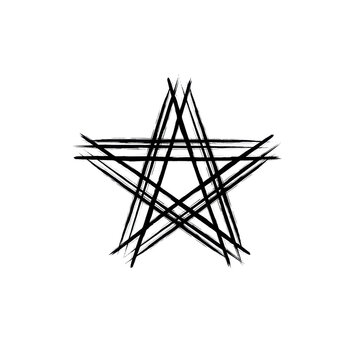 Stylized five-pointed star composed of expressive parallel black ink brush strokes on a minimalist white background. Concept of unity and connection