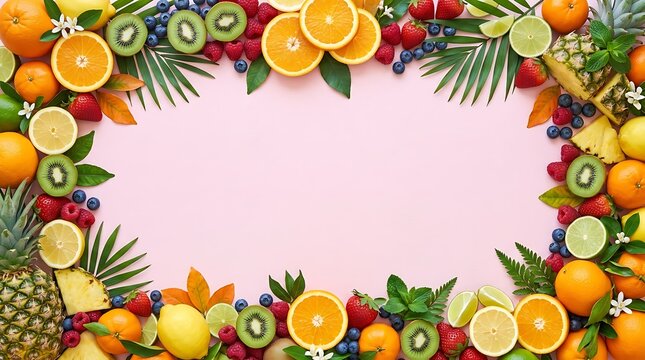 Flat lay frame of fresh tropical fruits and berries arranged on a light pink background with copy space