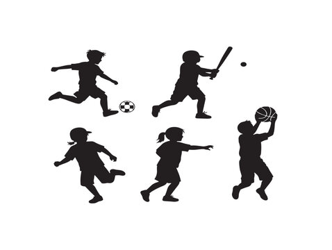 Children playing multiple sports in action silhouettes. Dynamic kids soccer baseball basketball vector icons for teamwork and fitness.