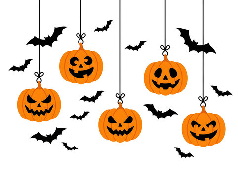 Festive halloween banner featuring orange pumpkin jack o lantern hanging decoration elements and spooky black bat silhouettes for autumn party