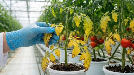 Naklejka na ściany i meble Scientist in glove checks sick tomato plant leaves in modern greenhouse. Yellow spots and wilting show disease impacting crop health and growth. Early detection for farm.