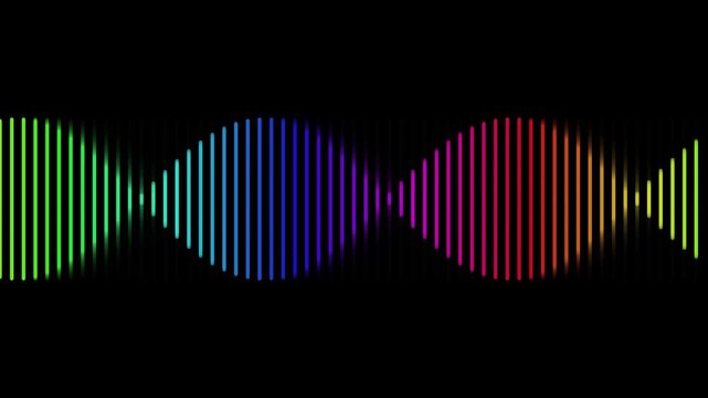 Colorful audio visualizer bars moving in wave pattern on black background for music.