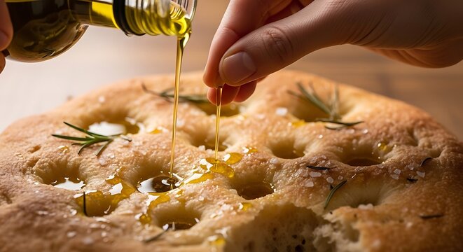 Pouring olive oil on fresh focaccia bread