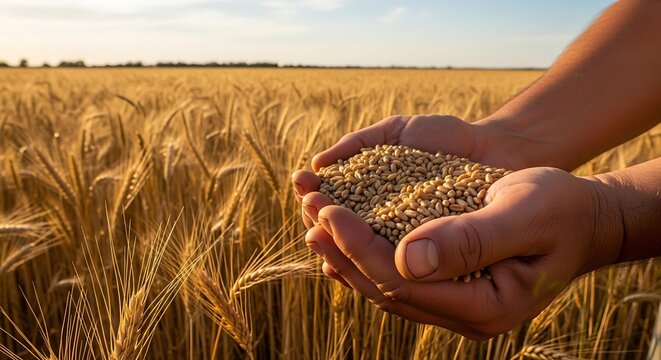 Hands holding wheat grains in field