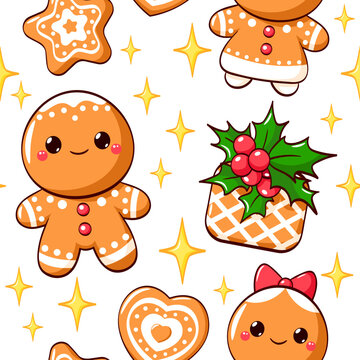 Merry Christmas Vector seamless pattern with cute gingerbread. Endless texture can be used winter holiday label, t-shirt print, greeting card, pattern fills, fabric design