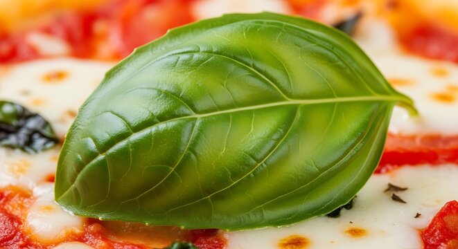 Close up of a margherita pizza with basil leaf