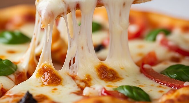 Pizza slice being lifted with melting cheese