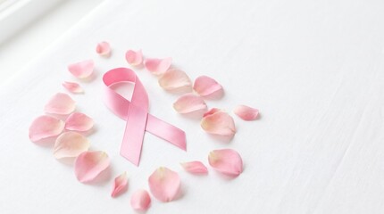 Fototapeta premium Pink breast cancer awareness ribbon surrounded by soft rose petals on white background