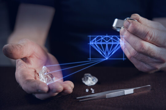 Closeup gem appraisal with jeweler loupe and rough diamonds certificate