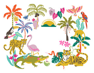Naklejka premium Tropical Wildlife Frame with Tiger, Leopard, Crocodile, Flamingo, Parrots and Lush Exotic Plants Around Open Center