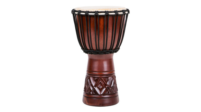 Traditional wooden djembe drum with carved base, isolated on transparent background