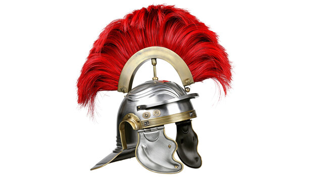 Roman legionary helmet with red crest, isolated on transparent background