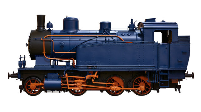 Detailed blue steam locomotive with orange accents, isolated on transparent background