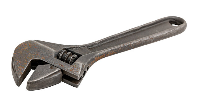 Rusty metal adjustable wrench tool, isolated on transparent background