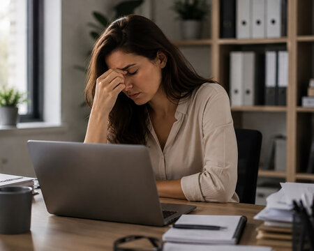 Stressed Office Worker Overwhelmed by Heavy Workload and Deadlines