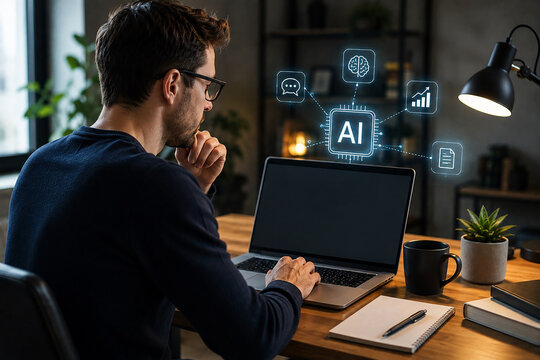 Professional Using Artificial Intelligence Assistant on Laptop at Work