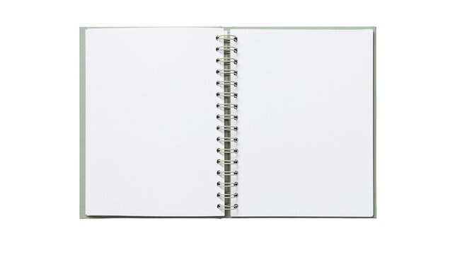 Open spiral bound notebook with blank white pages, isolated on transparent background
