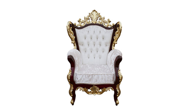Ornate baroque armchair with white tufted upholstery and gold trim, isolated on transparent background