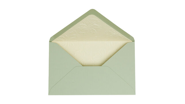 Pale green envelope with embossed cream liner, isolated on transparent background
