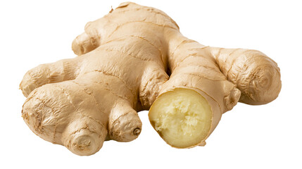 Fototapeta premium Raw ginger root with a cut slice showing fibrous texture, isolated on transparent background