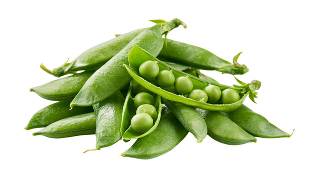 Fresh green pea pods with round peas, isolated on transparent background