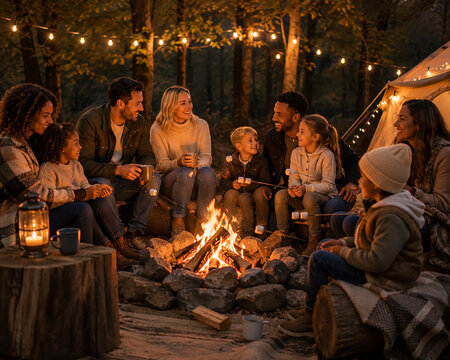 Diverse Family Gathering Around a Campfire Outdoors