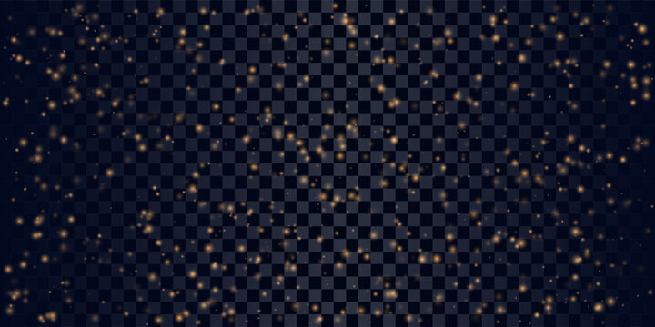 Golden glowing dust particles and sparkling stars overlay effect on dark background
