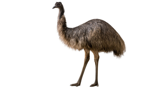 Large brown emu bird with shaggy feathers, isolated on transparent background