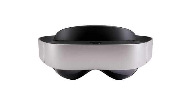 Sleek silver and black virtual reality headset, isolated on transparent background