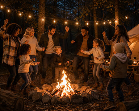 Diverse Family Gathering Around a Campfire Outdoors