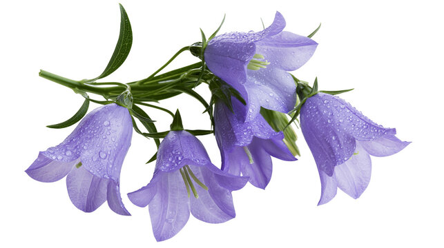 Delicate purple bellflowers covered in water droplets, isolated on transparent background