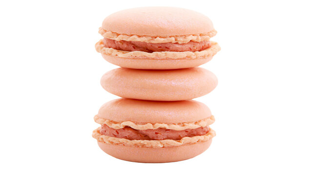 Stack of three delicate peach macarons with creamy filling, isolated on transparent background