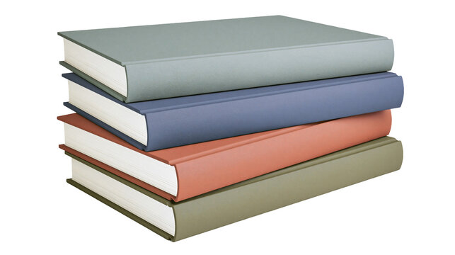 Stack of four hardcover books in muted colors, isolated on transparent background