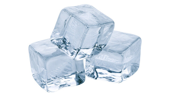 Three clear ice cubes stacked together, isolated on transparent background
